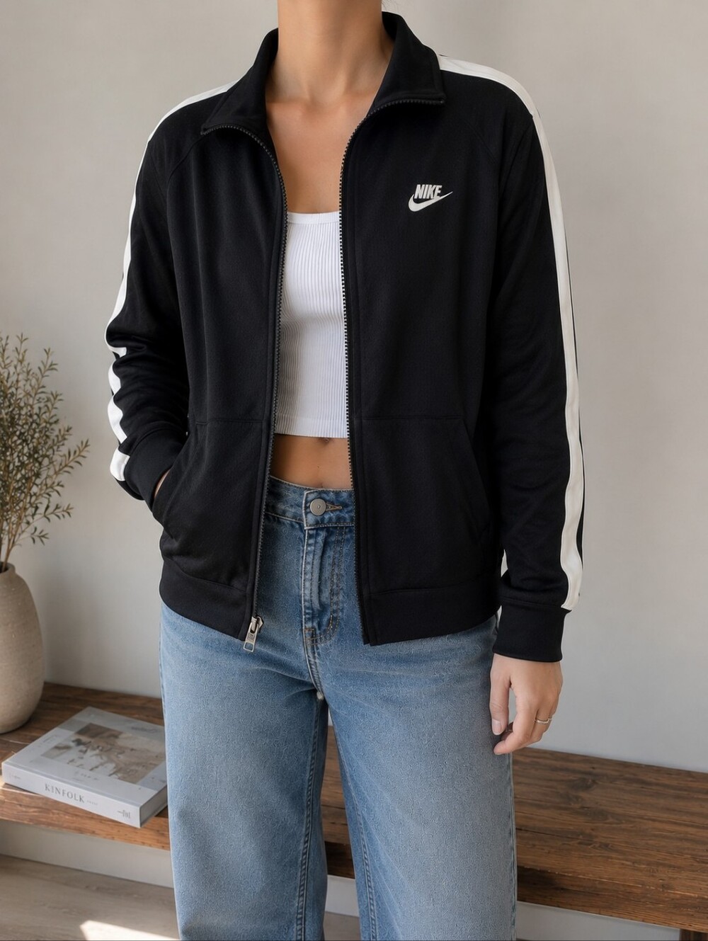 Nike Track Jacket | Black & White Full Zip | Athletic Zip-Up | Size Medium
